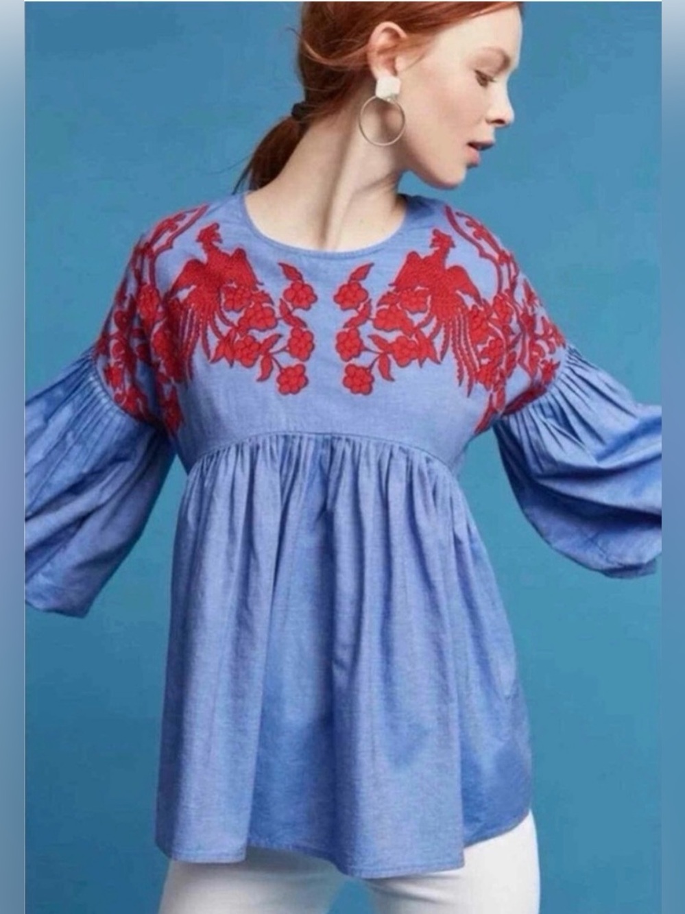 Hemant & Nandita Blue Peasant Blouse with Red Embroidery